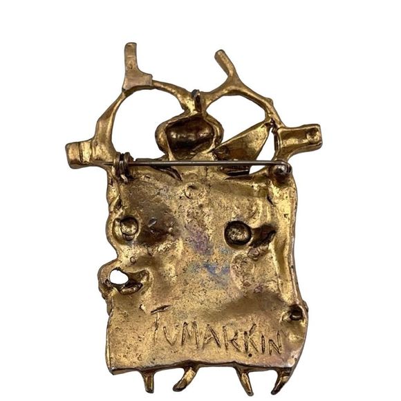 Vintage Modernist Israel Designer Igael Tumarkin Brutalist Gold Wash Tone Brooch - Picture 7 of 10